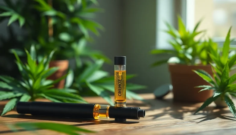 Vaping cbd oil vape in a serene environment with a sleek device and natural lighting.