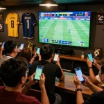 Bola Online betting app displayed on smartphone amidst exciting sports fans cheering during live match.