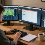 Betting on RR88 Auction platform during a home gaming session using multiple screens.