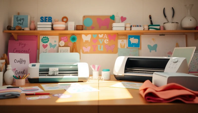 Silhouette vs Cricut machines comparison in a bright crafting workspace with crafting materials.