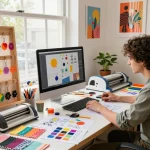 Creative workspace with custom lanyard keychain designs and colorful acrylic charms in craft studio