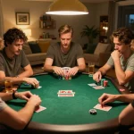 Players engaging in a tense moment during a poker game at home, showcasing hidden wiki tor strategies with chips and cards displayed.