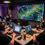 Dota 2 betting excitement in a gaming lounge with passionate gamers and live match stats displayed.