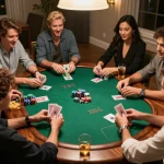 Engage in thrilling home poker with friends at 388bet, showcasing chips and cards.