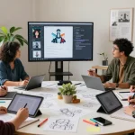 Designers collaboratively using the image to prompt tool in a vibrant tech workspace