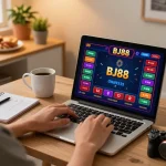 Enjoying BJ88 online casino games at home with a strategic setup and warm lighting.
