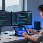 Kobold AI interaction scene showcasing vibrant holographic interface in a modern workspace with dual monitors, emphasizing innovative technology.