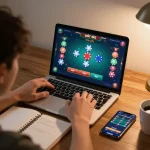 xóc đĩa gameplay on a laptop in a cozy home environment with strategic notes and a smartphone