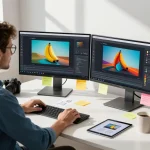 Developer using Nano Banana 2 AI image editor on dual monitors in a modern workspace.