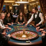 Players engaged in a thrilling roulette game at a luxurious casino, showcasing strategic betting with sunwin experience