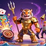 Engage in thrilling gameplay at XX88 with a shark gladiator amidst slot games and tridents.
