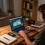Situs slot gameplay on a laptop with a user engaged in strategy, showcasing a cozy home office setting