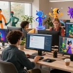 Users interacting with Tavern AI's immersive character creation in a vibrant digital workspace, showcasing creativity and collaboration.