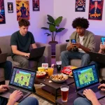 Players enjoying Status AI, a social media simulation game, in a vibrant setting.
