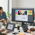 Team collaborating on a digital mixboard in a vibrant workspace.