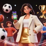 Win678 offers interactive sports betting experience with a photorealistic Asian woman showcasing a betting app.