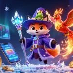 Illustrazione dei migliori casino senza documenti con una volpe mago, fenice e elementi crypto che promuovono un gioco coinvolgente