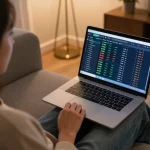 Engaging online gambling scene showing user at VT88 com analyzing betting strategies in a cozy home environment