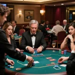 99win poker players strategizing their bets in an upscale casino environment.