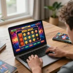 Player engaging with situs gacor slot game on laptop, showcasing vibrant online casino atmosphere.
