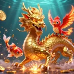 Engage with JUARA88's stunning 3D illustration featuring a golden dragon, phoenix, and koi fish.