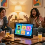 Friends enjoying Smash or Pass game with AI-generated images in a cozy setting.