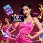 Engage with gacor 200's slot games featuring a confident woman enjoying live dealer action on her smartphone.