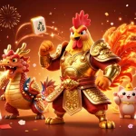 Experience the excitement with u888 abcvip as a fierce rooster warrior and dragon hatchling celebrate gaming victories amid vibrant casino elements.