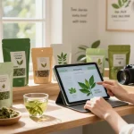 Buy coca leaves online in a vibrant herbal e-commerce setting, showcasing tea and powder products.