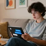 Engaging with an NSFW chat bot on a tablet in a cozy living space with ambient lighting.