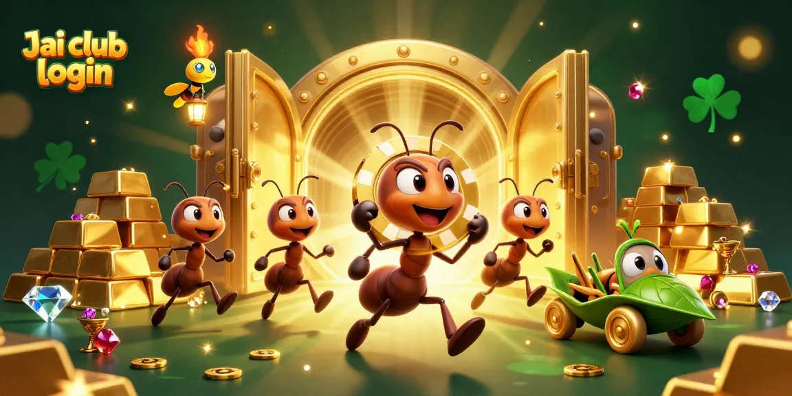 Experience Jai club login with a cartoon heist scene featuring ants and treasures in a vibrant casino