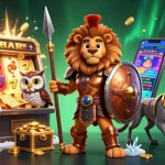 iwinclub showcases thrilling gameplay with a 3D Spartan lion, slot machine, and vibrant casino elements.