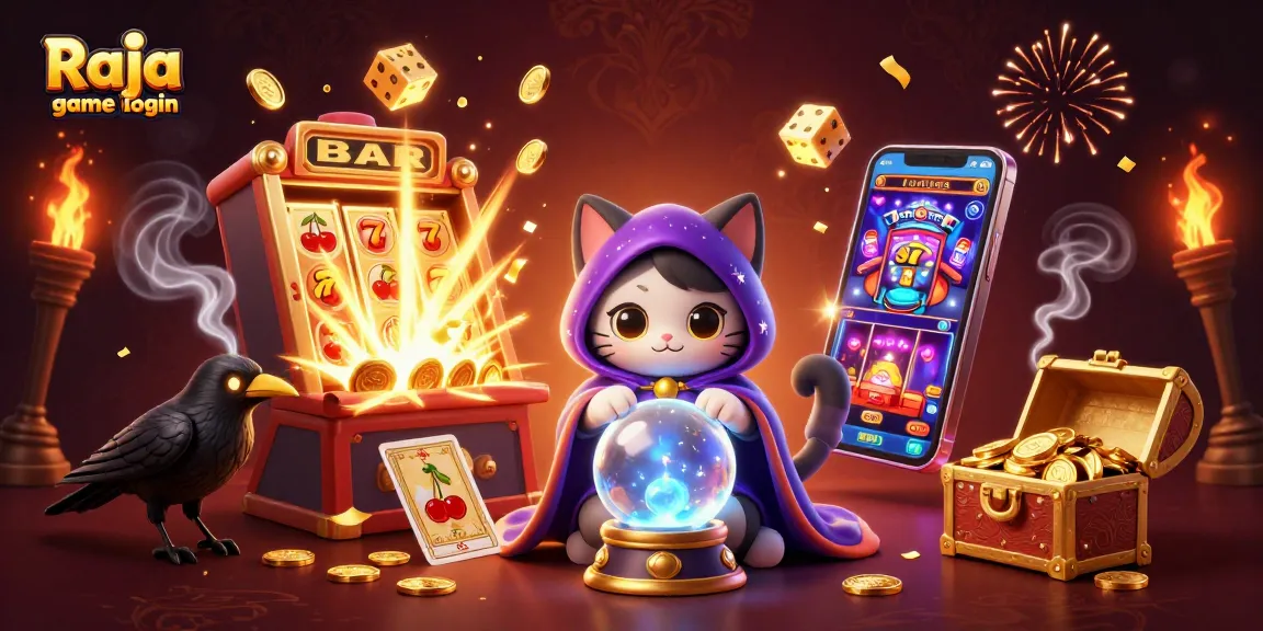 Experience thrilling Raja game login with mystical characters and vibrant casino elements in this dynamic illustration.