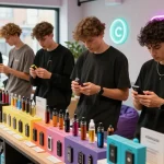 Exploring vape UK options in a trendy vape shop with diverse customers enjoying various vape kits and e-liquids.