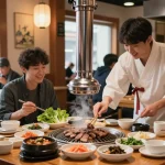 A vibrant dining experience at 상봉동 한국관 showcasing a chef grilling bulgogi surrounded by colorful banchan, inviting atmosphere.