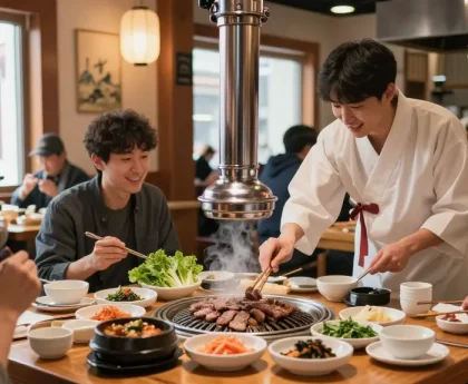 A vibrant dining experience at 상봉동 한국관 showcasing a chef grilling bulgogi surrounded by colorful banchan, inviting atmosphere.