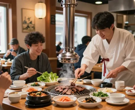 A vibrant dining experience at 상봉동 한국관 showcasing a chef grilling bulgogi surrounded by colorful banchan, inviting atmosphere.