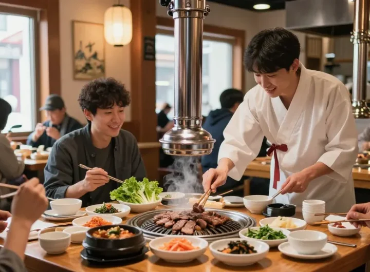 A vibrant dining experience at 상봉동 한국관 showcasing a chef grilling bulgogi surrounded by colorful banchan, inviting atmosphere.