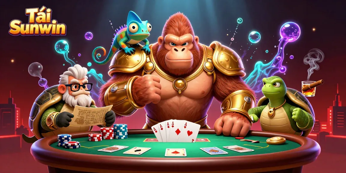 Tải Sunwin and enjoy an exciting poker scene, featuring a powerful gorilla king and vibrant game elements.