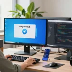 Professional workspace highlighting telegram中文版 on screens with vibrant office elements.