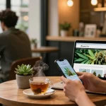 Buying weed online UK scene with a young adult exploring cannabis products at a trendy café, showcasing premium quality and lifestyle.