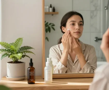 Applying glow peptide serum in a bright, serene bathroom setting.