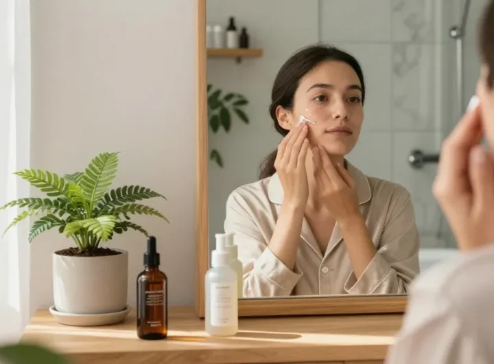 Applying glow peptide serum in a bright, serene bathroom setting.