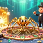 Engage in the action with Raja game login, featuring a golden spider, roulette wheel, and gem treasures.