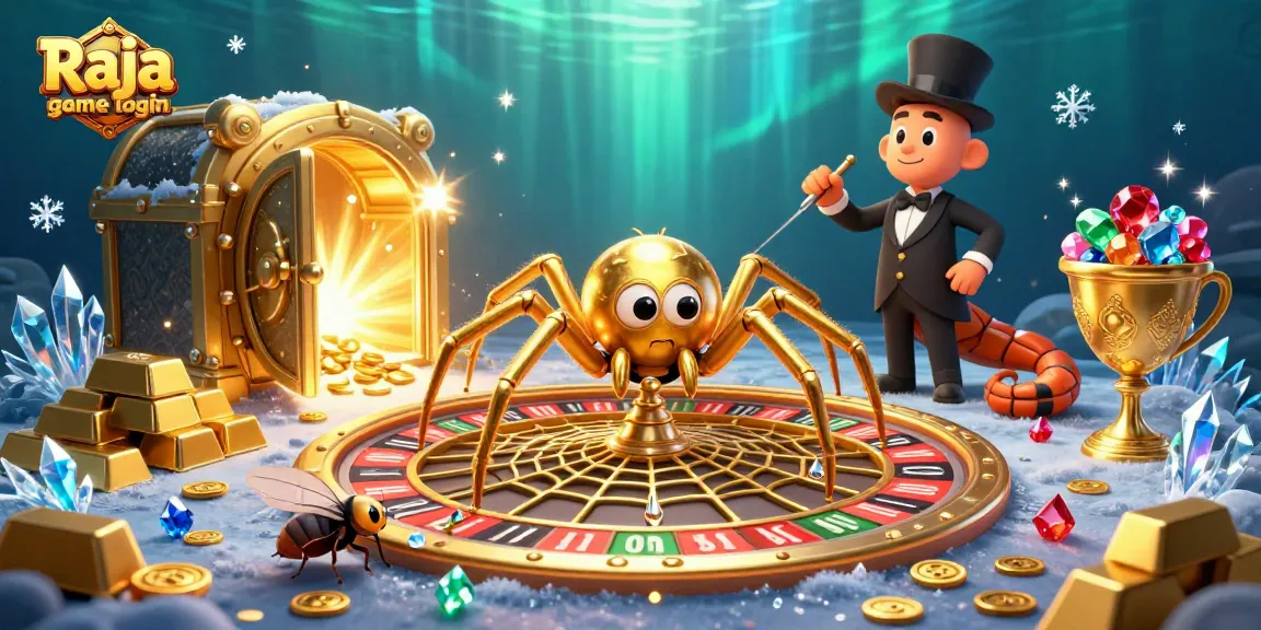 Engage in the action with Raja game login, featuring a golden spider, roulette wheel, and gem treasures.