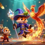 Engage in thrilling slot toto gameplay with a mystical wizard fox and fiery phoenix in an enchanting casino scene.