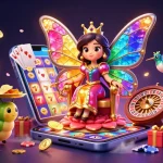Engage with mpo slot as the vibrant butterfly queen oversees a colorful casino scene filled with excitement.