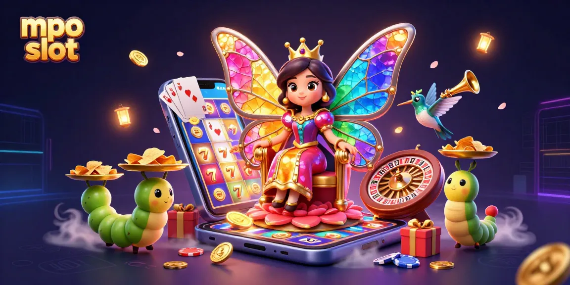 Engage with mpo slot as the vibrant butterfly queen oversees a colorful casino scene filled with excitement.