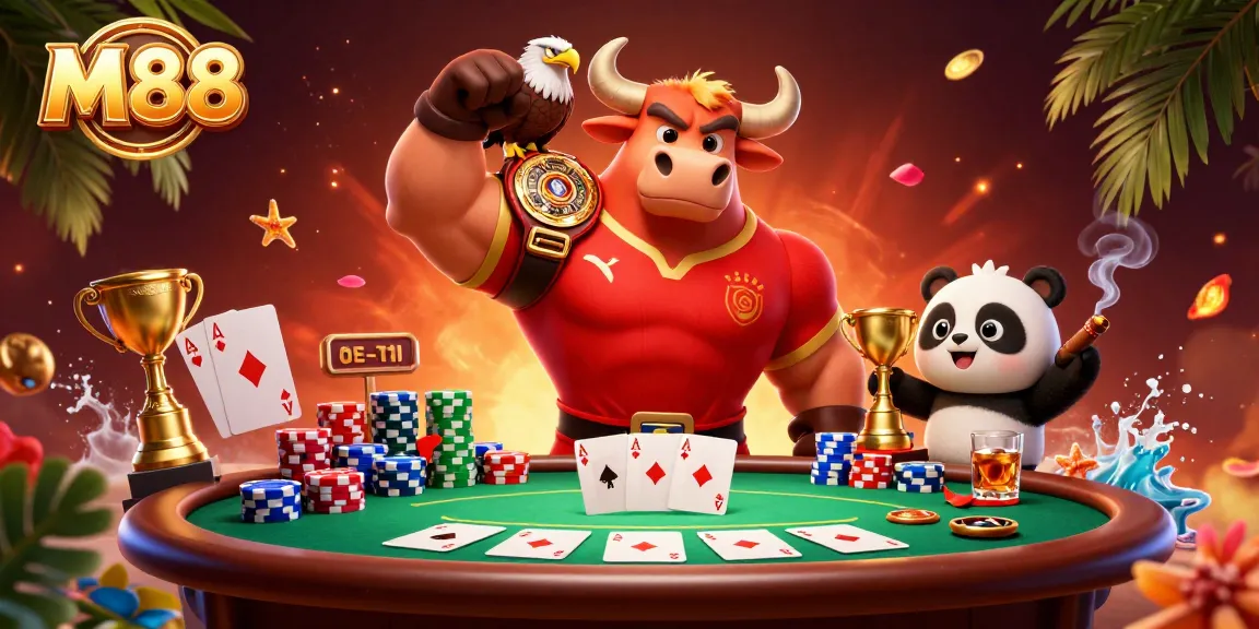 M88 captures the excitement of a vibrant casino with characters celebrating a winning poker hand.