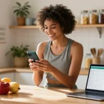 Logging meals with the best nutrition tracking app in a bright kitchen filled with fresh ingredients.